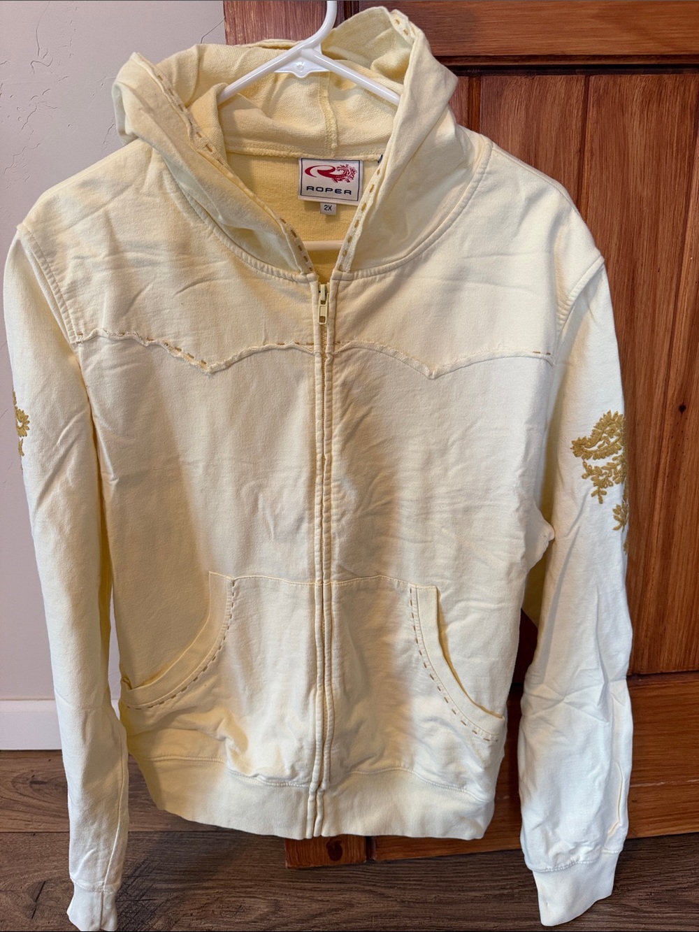 Roper Pale Yellow Embroidered Zip-Up Hoodie - Size 2X